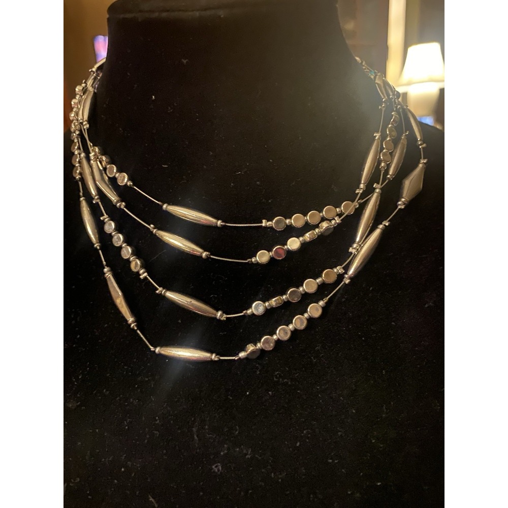Chico's Silver Tone Multi-Strand Necklace With Silver Tone Beads